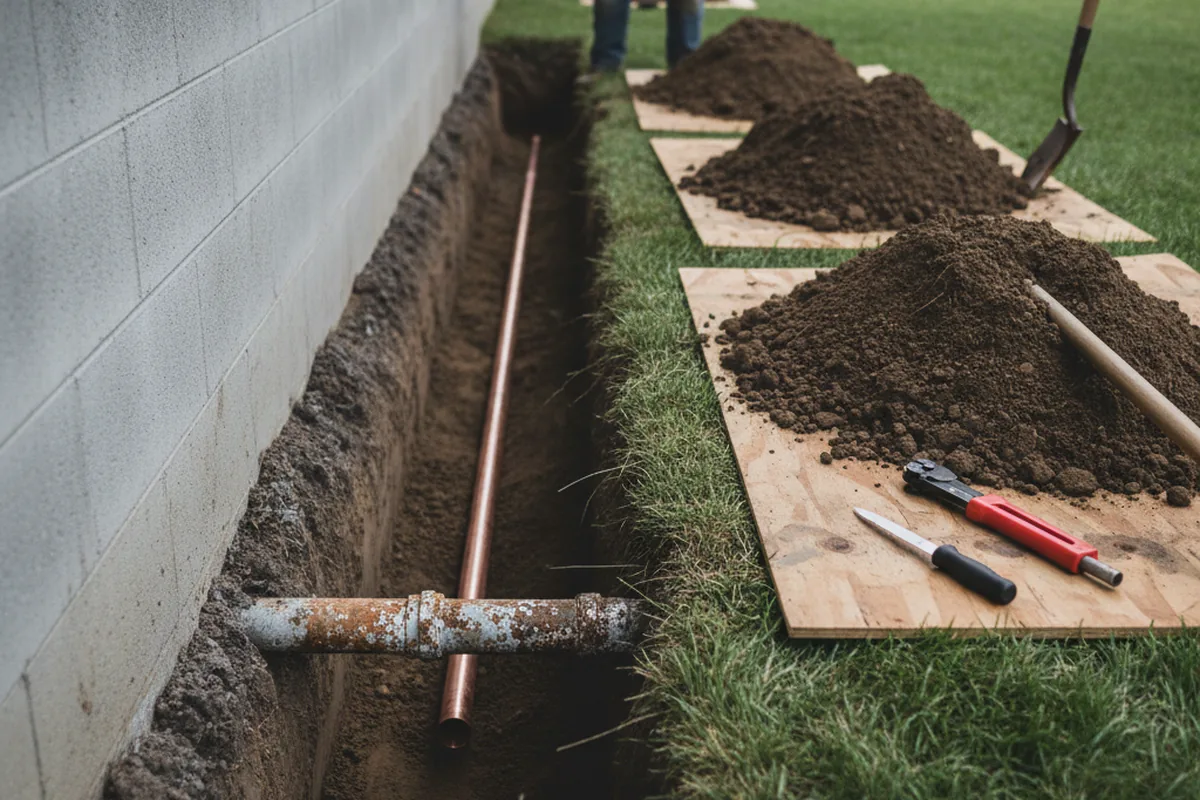 Excavated water line trench during Water Softener Installation in Gilcrest